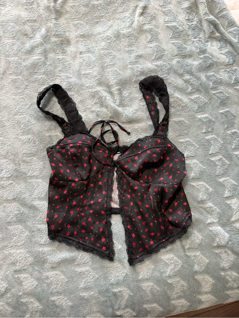 Black Bustier Camisole with Red Floral Print